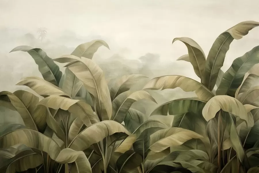 zidne murale Teksturirani gusti džunglasti krajolik s velikim listovima banane u prigušenim zelenim i bež tonovima w09613