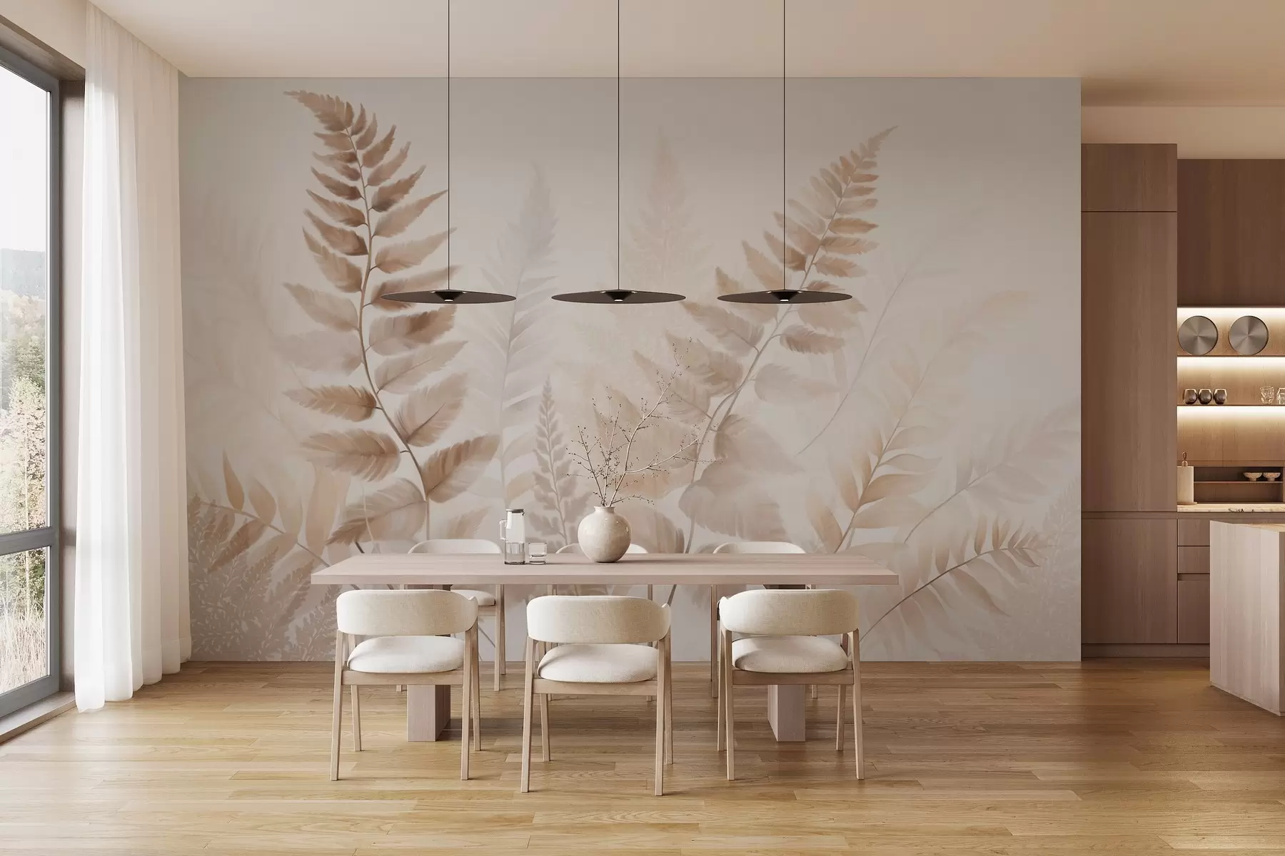 zidne murale Teksturirani sušeni listovi paprati u raznim nijansama smeđe, s mekom, svijetlom pozadinom u stilu akvarela w09615