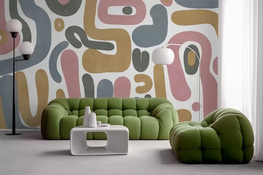 zidne murale Apstraktni teksturirani oblici u pastelno ružičastoj, prigušeno plavoj, senf žutoj i sivoj boji na bijeloj pozadini moderne umjetnosti w09620