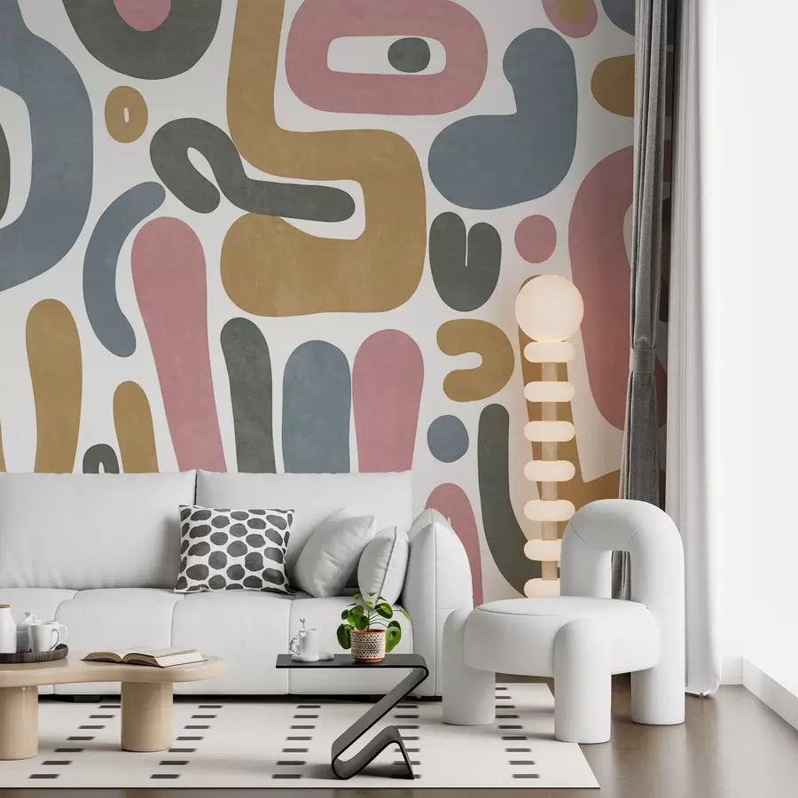 zidne murale Apstraktni teksturirani oblici u pastelno ružičastoj, prigušeno plavoj, senf žutoj i sivoj boji na bijeloj pozadini moderne umjetnosti w09620