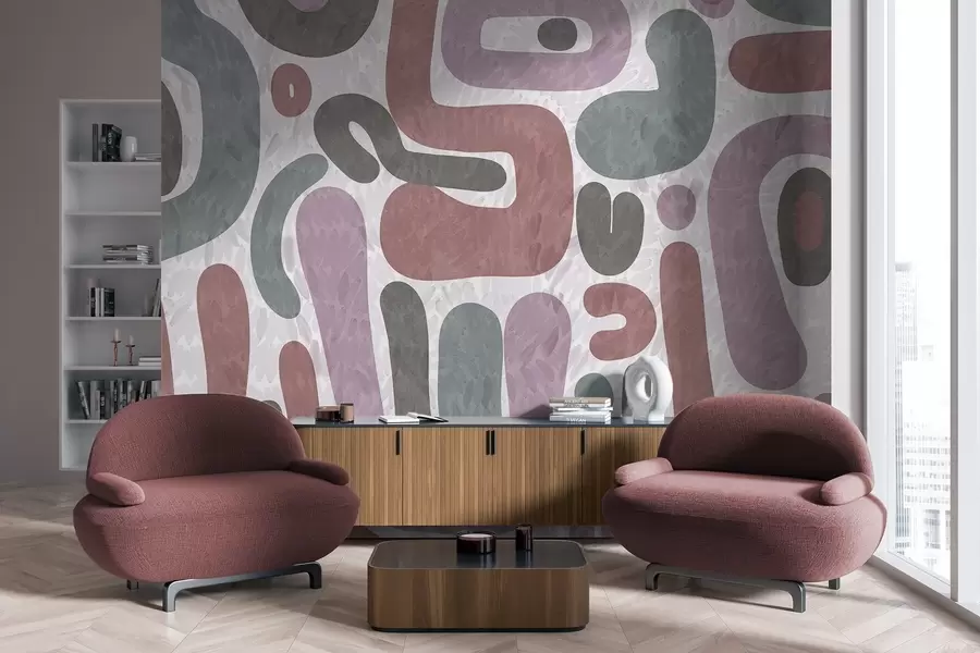 zidne murale Apstraktni teksturirani oblici u prigušenim ružičastim, zelenim i sivim tonovima, na teksturiranoj pozadini moderne umjetnosti w09622