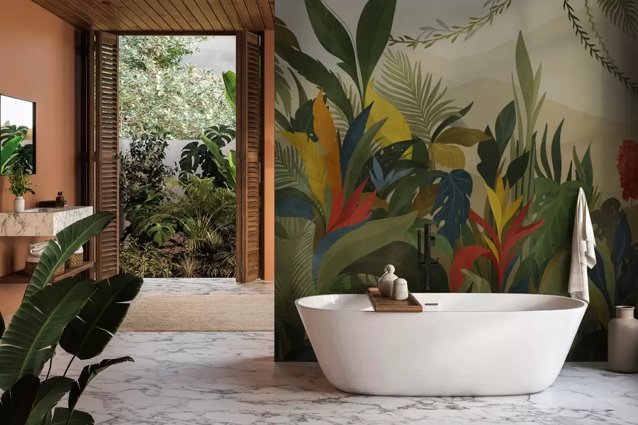 zidne murale Tropsko lišće s velikim listovima i cvjetovima w05019