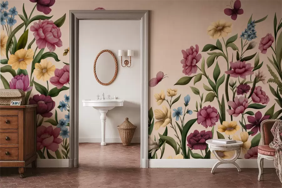 zidne murale Cvjetna kompozicija s biljkama i leptirima na svijetloj pozadini w05072