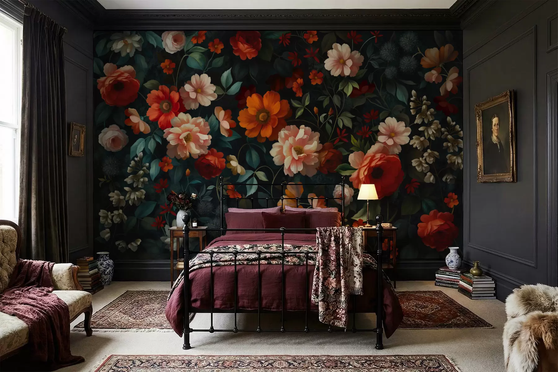 zidne murale Tamni cvjetni uzorak s bujnim vrtnim cvijećem w05087