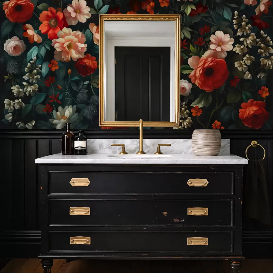 zidne murale Tamni cvjetni uzorak s bujnim vrtnim cvijećem w05087