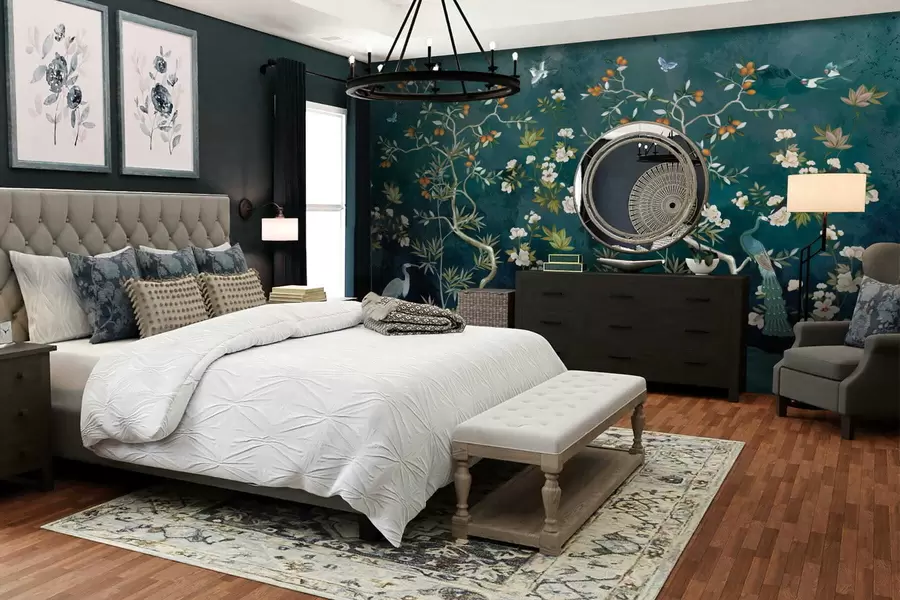 zidne murale Dekorativni prizor s drvećem, cvijećem i pticama na tamnoj pozadini w05004