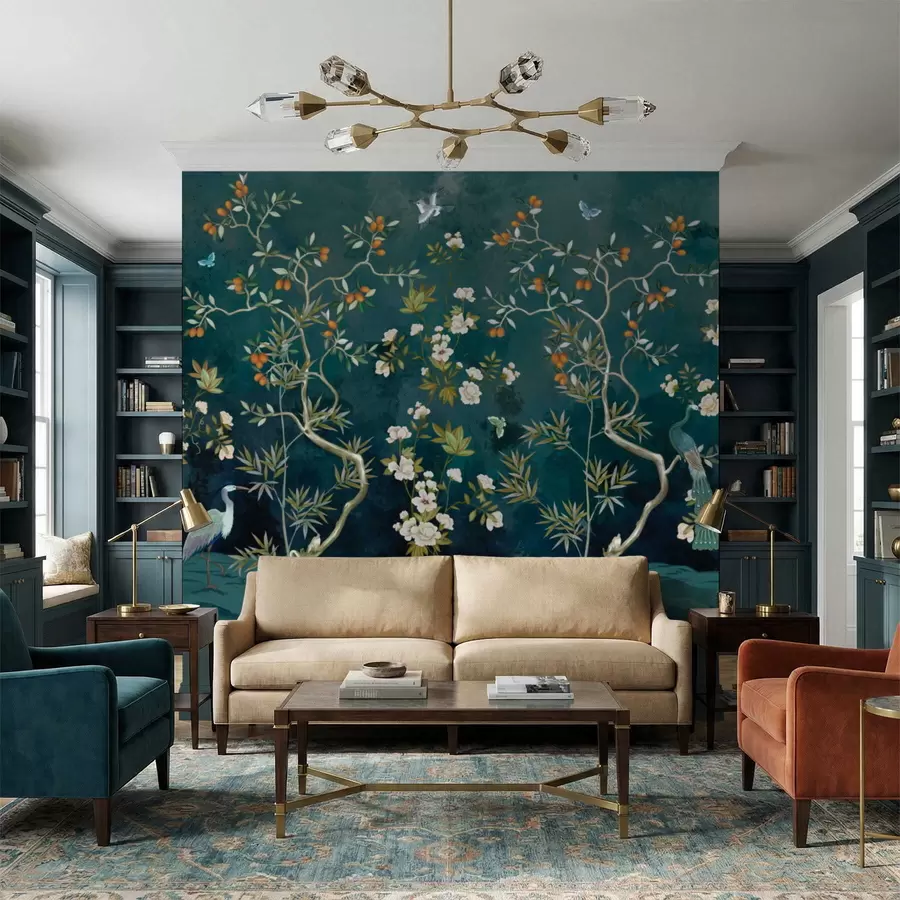 zidne murale Dekorativni prizor s drvećem, cvijećem i pticama na tamnoj pozadini w05004