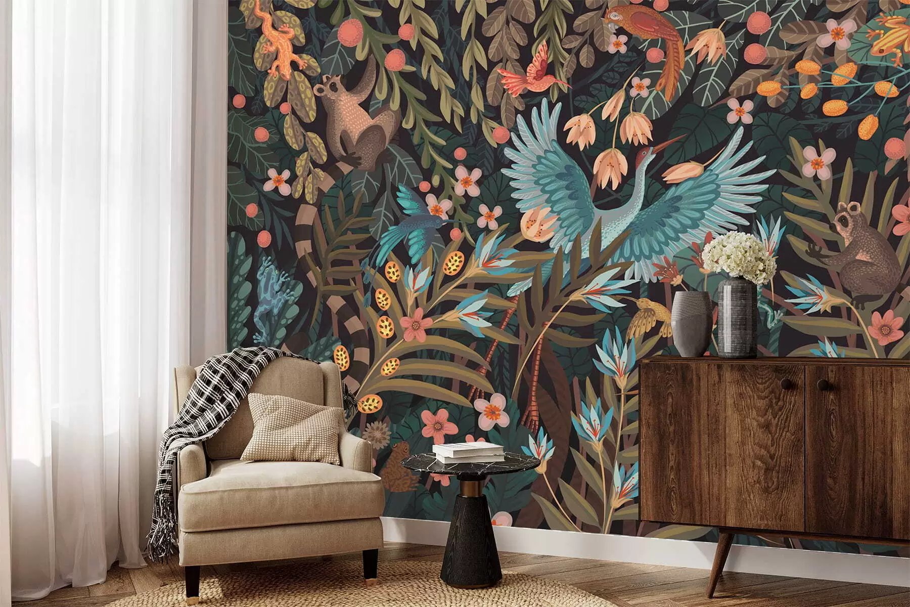 zidne murale Fantazijski prizor s pticama i životinjama među biljkama w05024