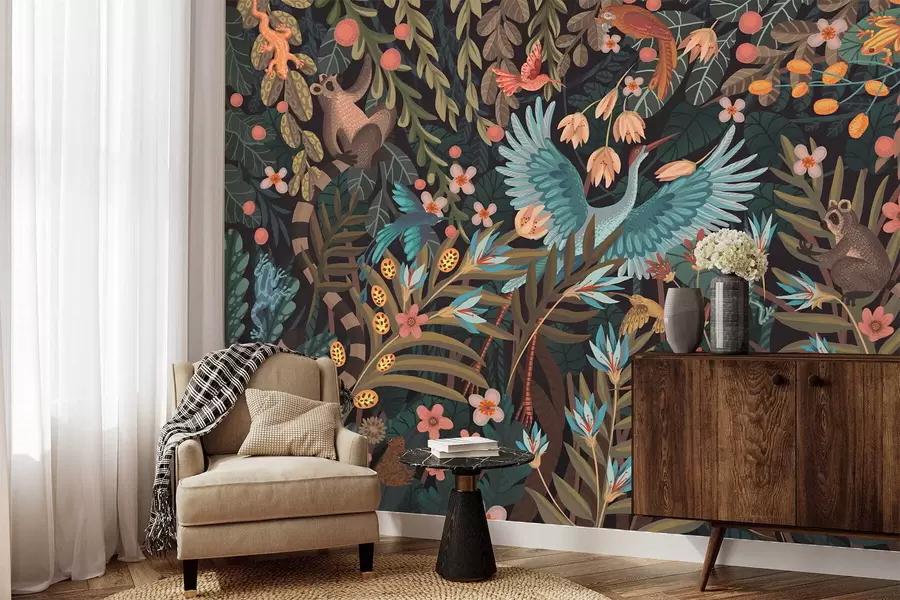 zidne murale Fantazijski prizor s pticama i životinjama među biljkama w05024