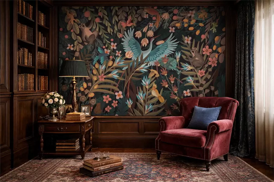 zidne murale Fantazijski prizor s pticama i životinjama među biljkama w05024