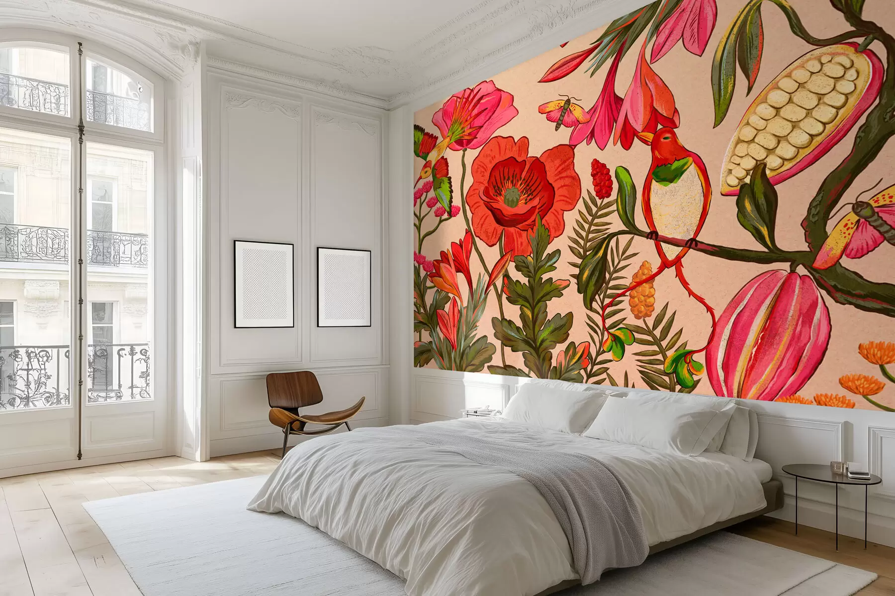 zidne murale Dekorativno cvijeće i ptice na bež pozadini w05036