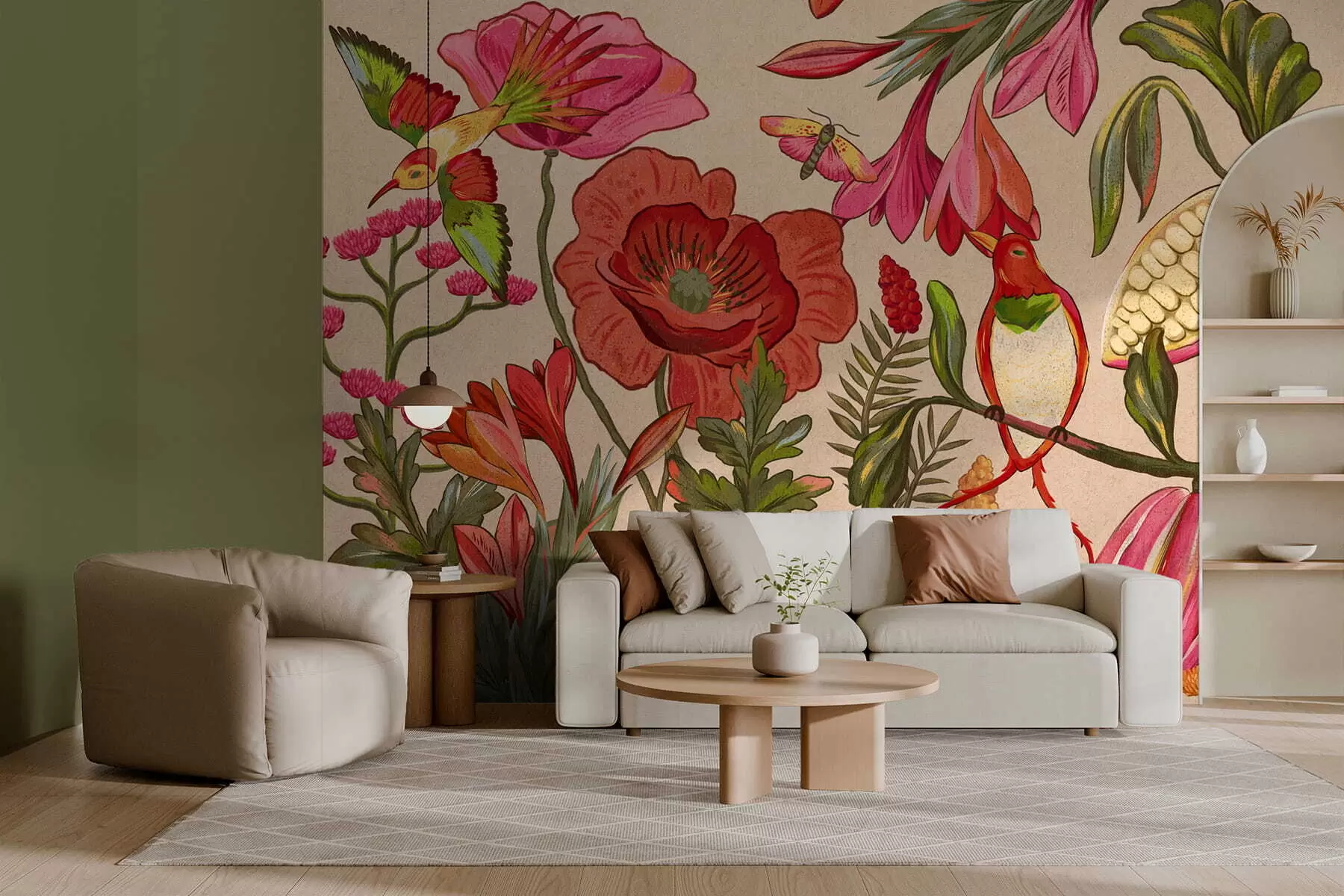 zidne murale Dekorativno cvijeće i ptice na bež pozadini w05036