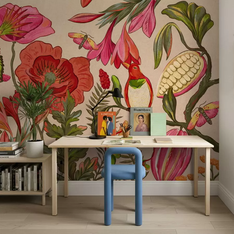 zidne murale Dekorativno cvijeće i ptice na bež pozadini w05036