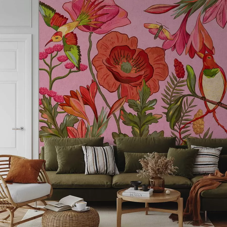 zidne murale Dekorativno cvijeće i ptice na ružičastoj pozadini w05036v2