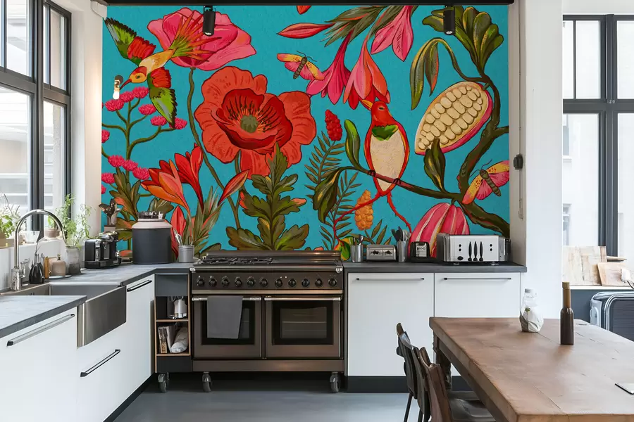 zidne murale Dekorativno cvijeće i ptice na plavoj pozadini w05036v3