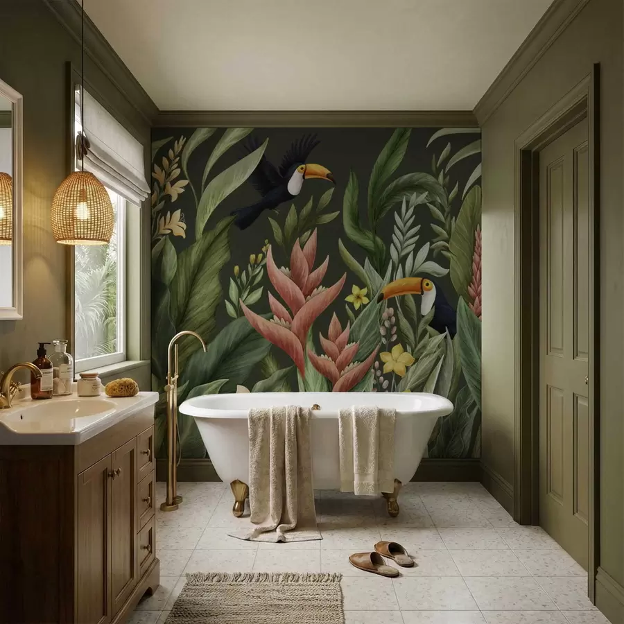 zidne murale Tropsko lišće i ptice s velikim kljunom na tamnoj pozadini w05088