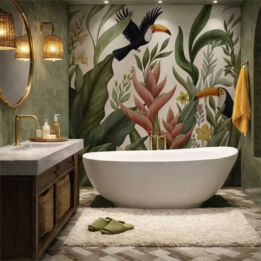 zidne murale Tropske biljke i ptice s velikim kljunom na svijetloj pozadini w05088v1