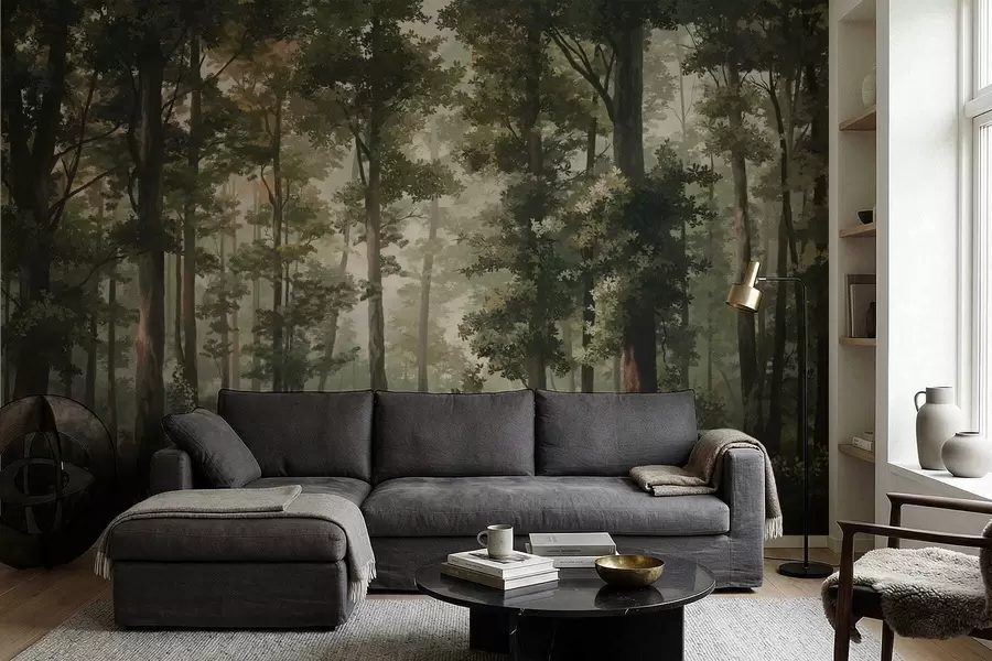 zidne murale Ilustracija šume s maglom, visokim drvećem i stazom w05089