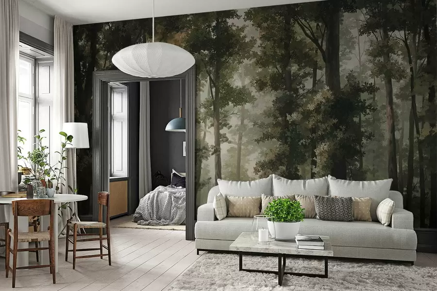 zidne murale Ilustracija šume s maglom, visokim drvećem i stazom w05089