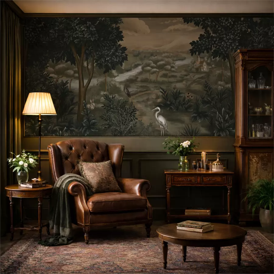 zidne murale Fantastični krajolik s rijekom, kućom i pticama među drvećem w05090