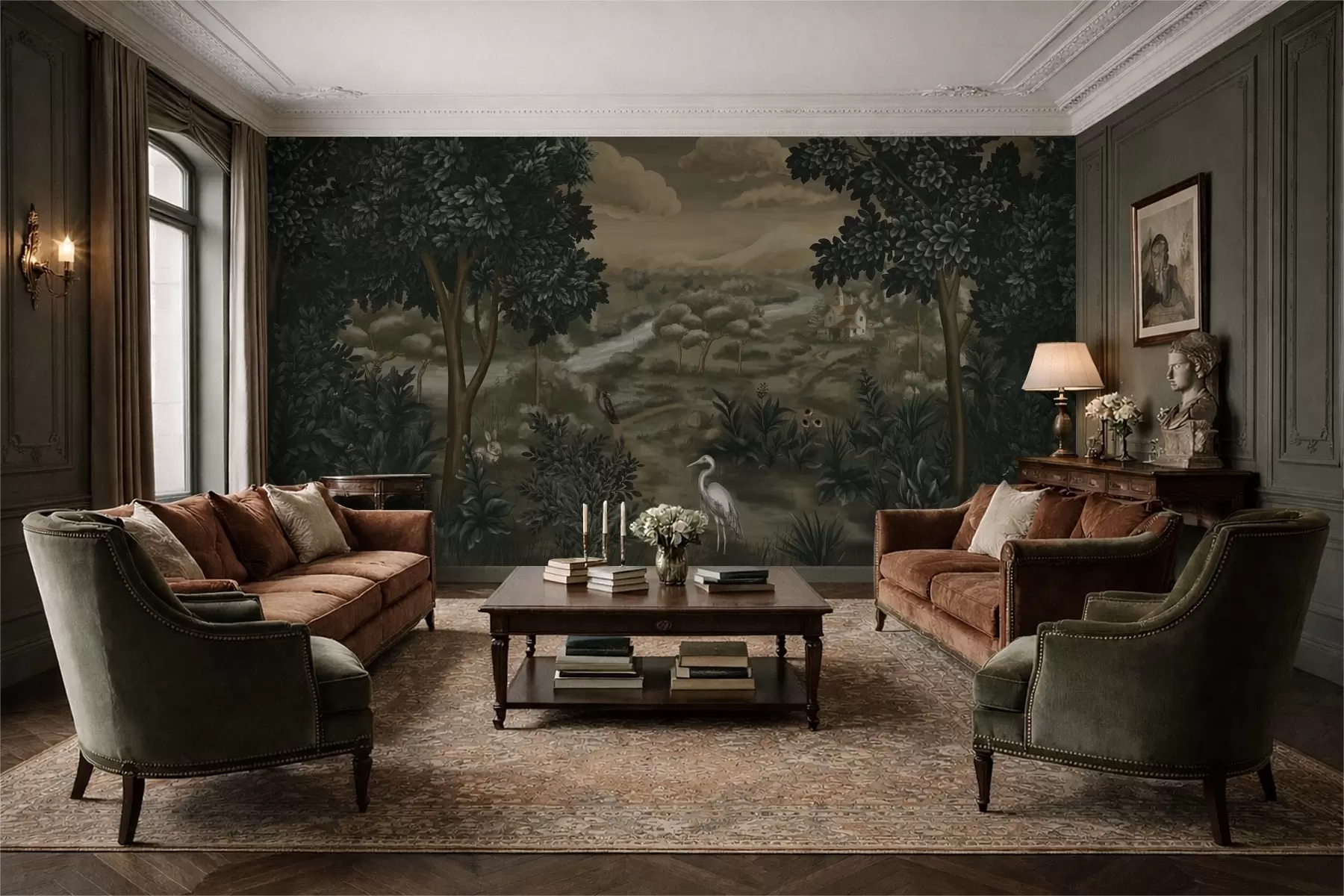 zidne murale Fantastični krajolik s rijekom, kućom i pticama među drvećem w05090