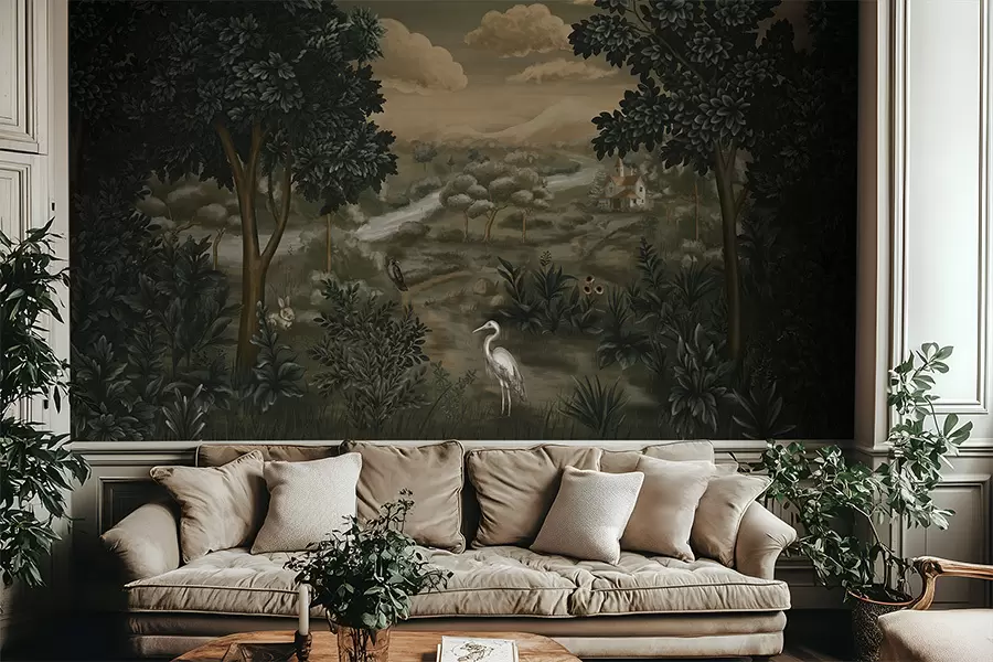 zidne murale Fantastični krajolik s rijekom, kućom i pticama među drvećem w05090