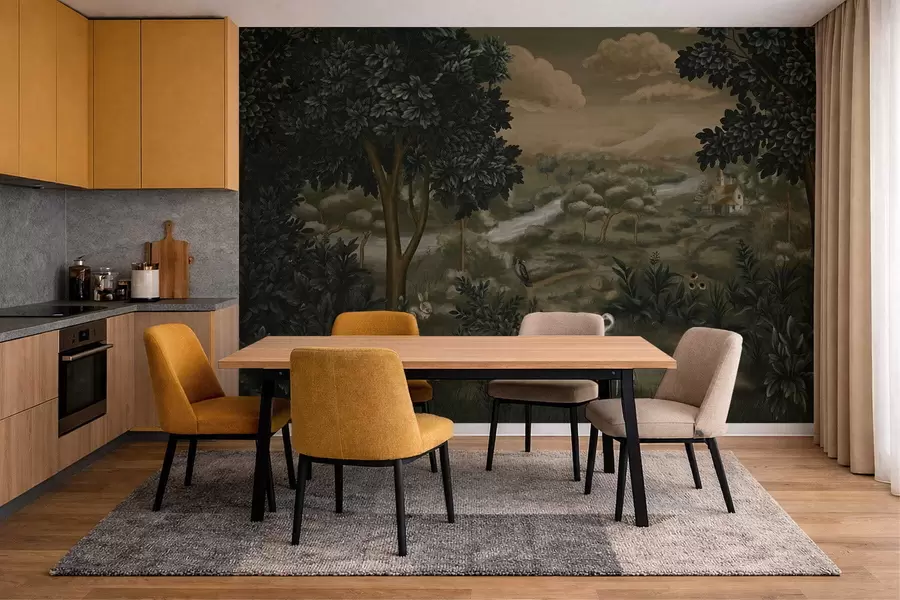 zidne murale Fantastični krajolik s rijekom, kućom i pticama među drvećem w05090