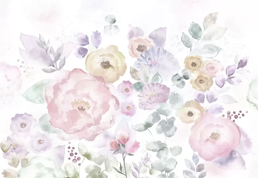 zidne murale Mekana akvarelna kompozicija s cvijećem i lišćem w05093