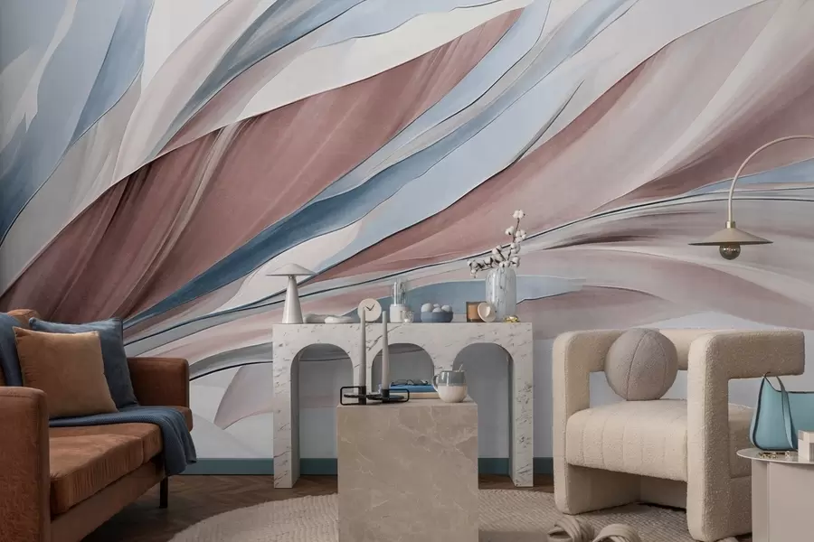 zidne murale Apstraktni tekući valovi plave i smeđe boje, s tankim oblicima i linijama, na bijeloj pozadini, teksturirana umjetnost w09585v1