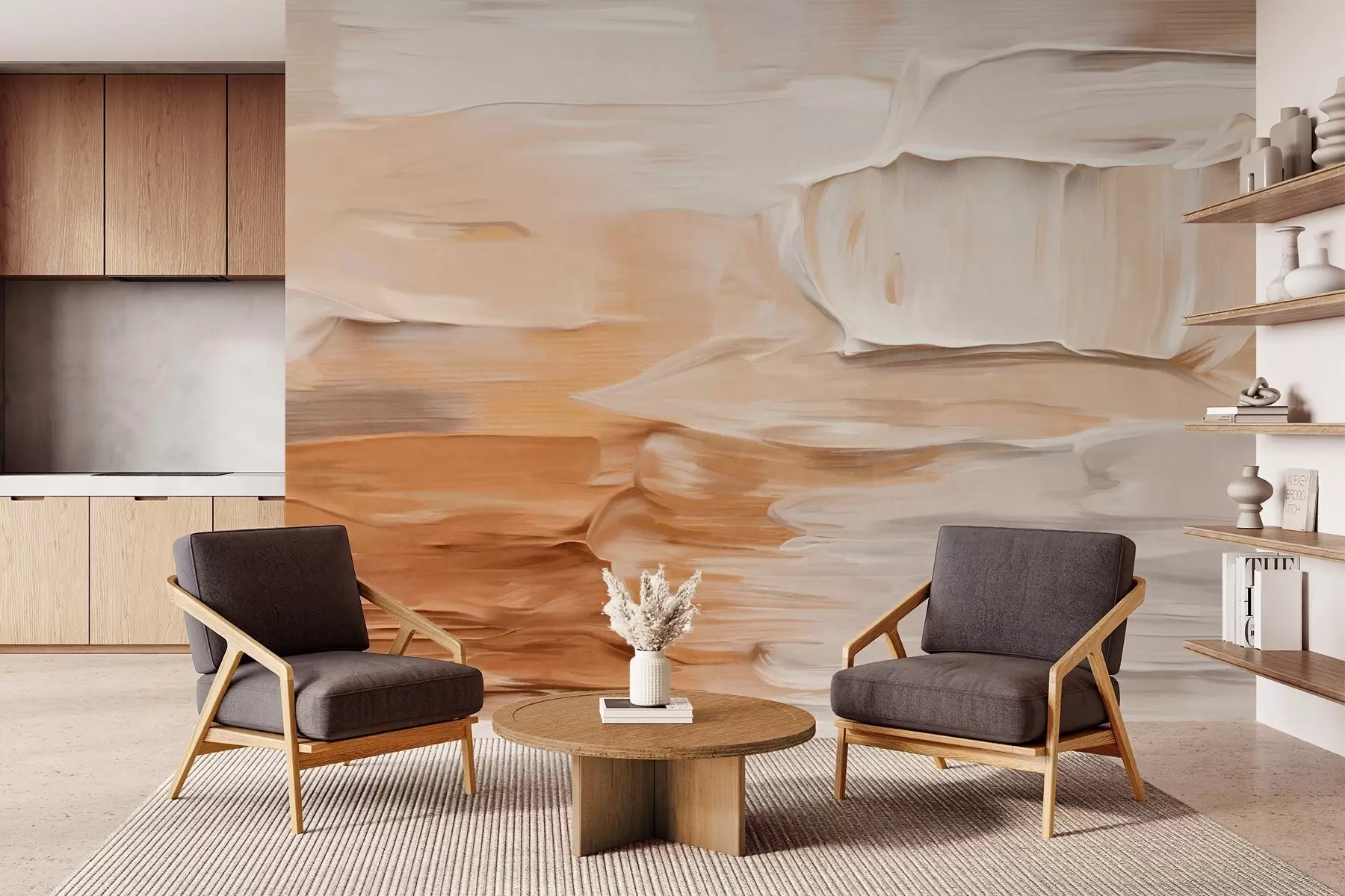 zidne murale Apstraktna imitacija teksturiranih poteza kistom u toplim zemljanim tonovima bež, krem i smeđe, moderna umjetnost w09588