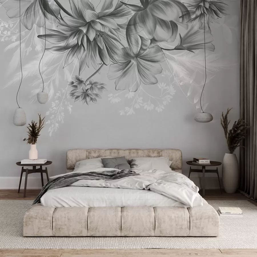 zidne murale Teksturirano cvijeće i paprati u nijansama tamnosive i bijele na prigušenoj sivoj pozadini u stilu crtanja w09644v1