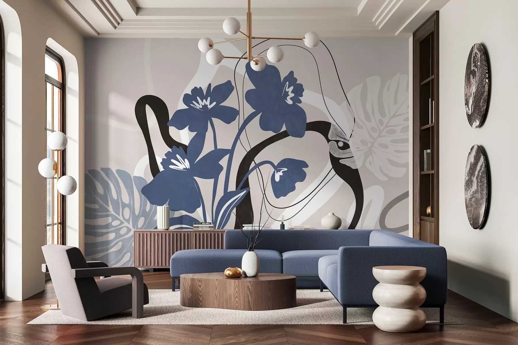 zidne murale Apstraktno teksturirano plavo cvijeće s bijelim i crnim oblicima na svijetlo bež pozadini, minimalistička umjetnost w09645