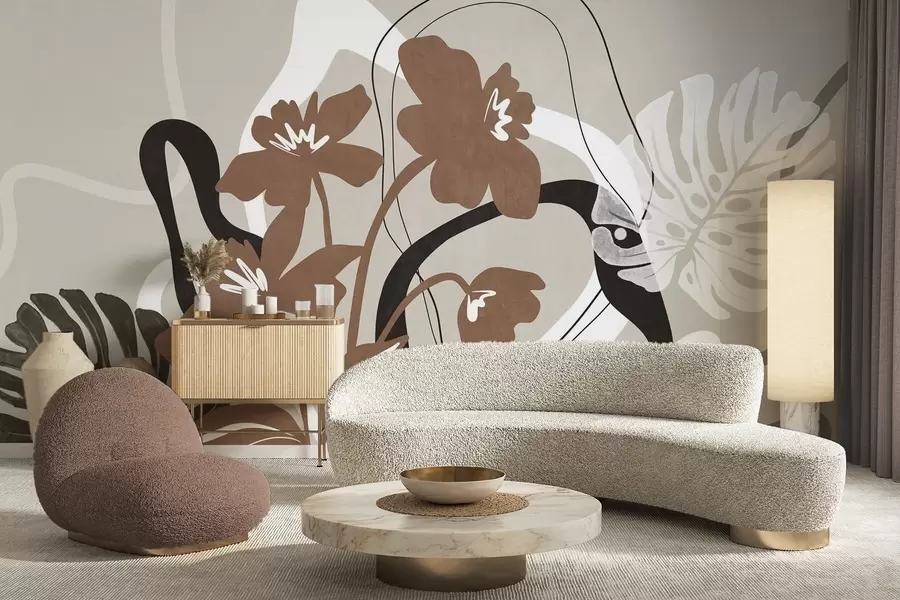 zidne murale Apstraktno teksturirano smeđe cvijeće s bijelim i crnim oblicima na bež pozadini, minimalistička umjetnost w09645v1