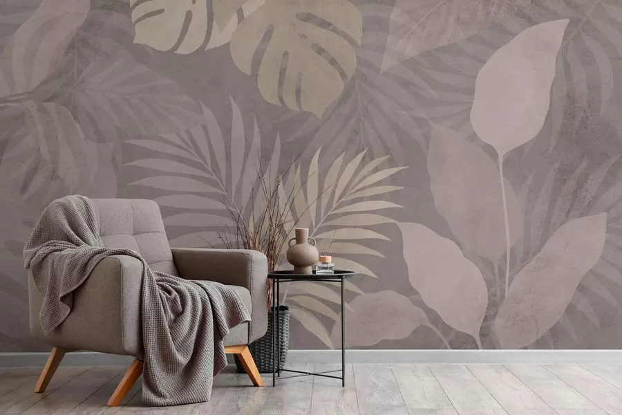 zidne murale teksturirano tropsko lišće na sivoj pozadini w05063v1