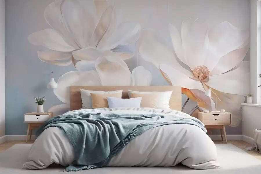 zidne murale Bijeli fantastični cvjetovi magnolije s nježnim teksturiranim laticama, mekana, apstraktna pozadina w09373
