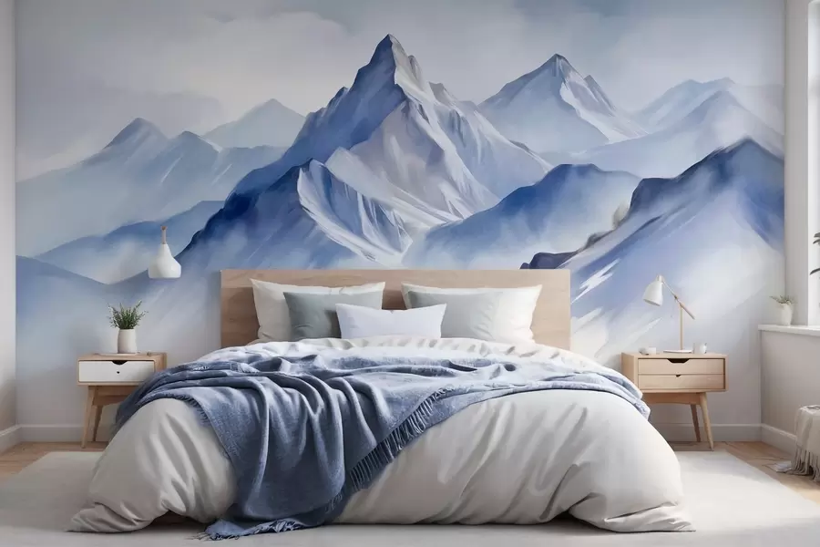 zidne murale Teksturirane snježne planine s mekim, akvarelnim efektom i paletom plave i bijele boje w09630
