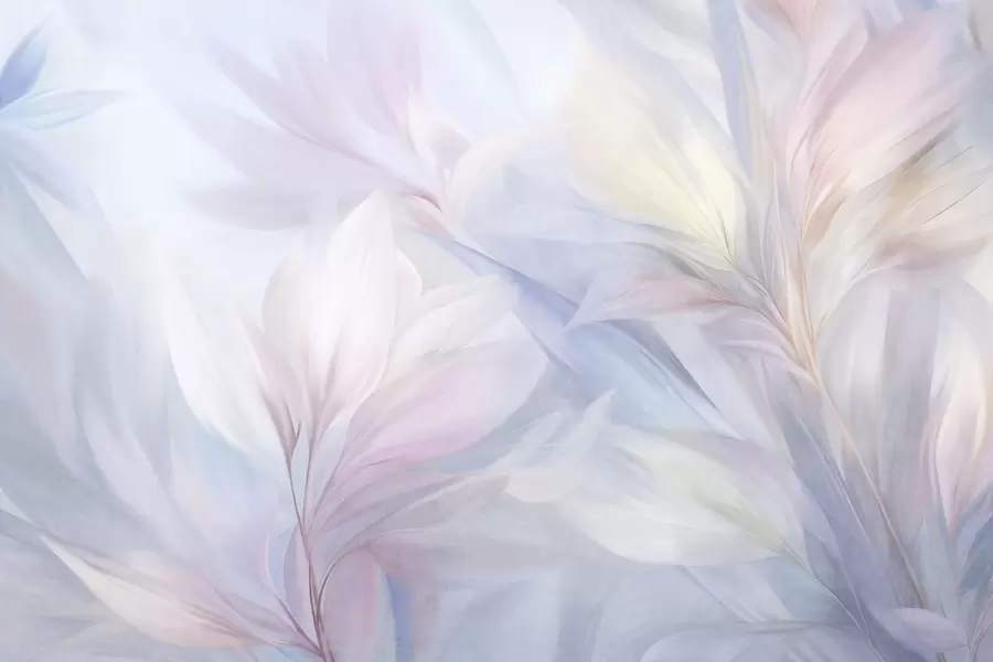 zidne murale Mekani, pastelni listovi i perje u nijansama ružičaste, plave i žute, apstraktni i teksturirani print w09634