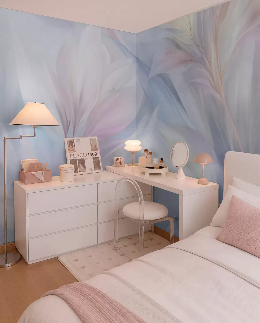 zidne murale Mekani, pastelni listovi i perje u nijansama ružičaste, plave i žute, apstraktni i teksturirani print w09634