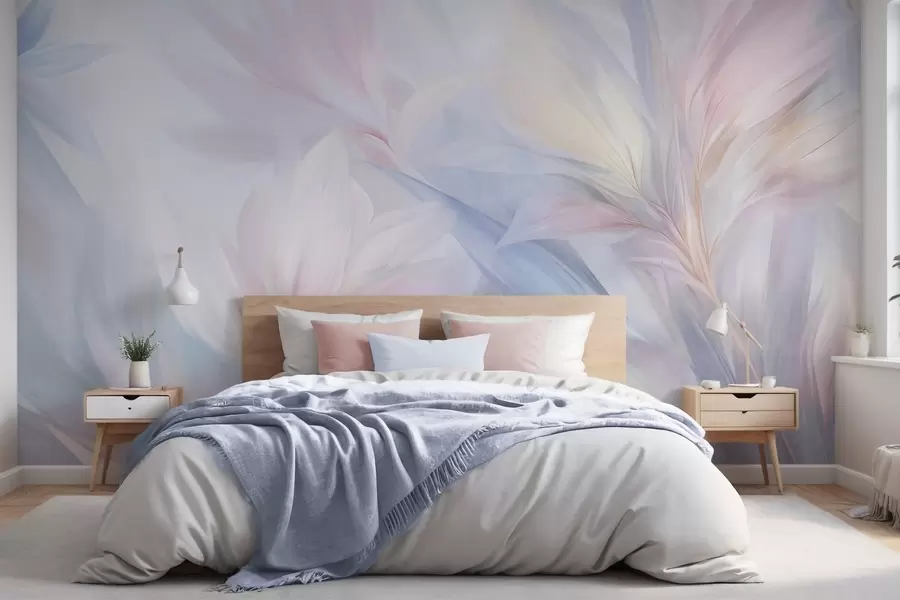zidne murale Mekani, pastelni listovi i perje u nijansama ružičaste, plave i žute, apstraktni i teksturirani print w09634