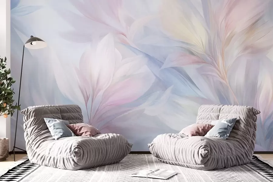 zidne murale Mekani, pastelni listovi i perje u nijansama ružičaste, plave i žute, apstraktni i teksturirani print w09634