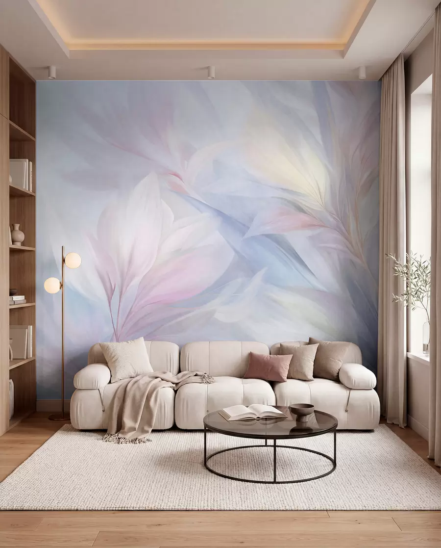 zidne murale Mekani, pastelni listovi i perje u nijansama ružičaste, plave i žute, apstraktni i teksturirani print w09634