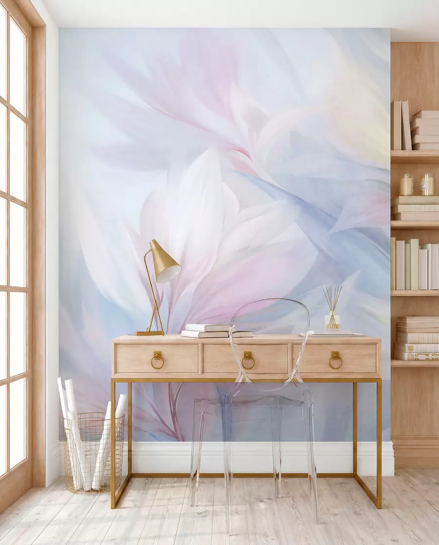 zidne murale Mekani, pastelni listovi i perje u nijansama ružičaste, plave i žute, apstraktni i teksturirani print w09634