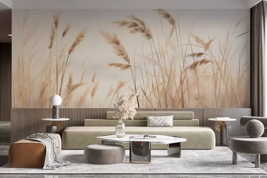 zidne murale Visoka, teksturirana suha trava s klasjem pšenice u polju na mekoj, blijedoj pozadini w09648