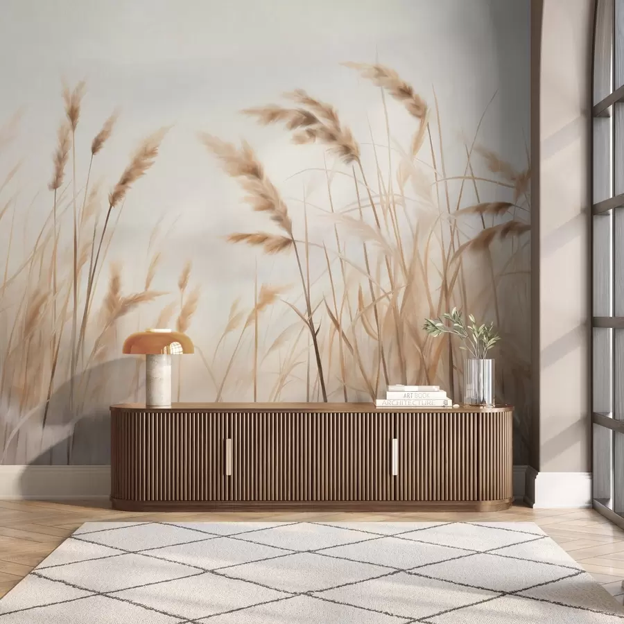 zidne murale Visoka, teksturirana suha trava s klasjem pšenice u polju na mekoj, blijedoj pozadini w09648