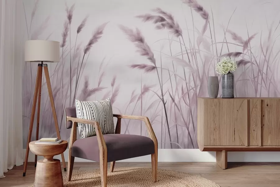 zidne murale Visoka, teksturirana suha trava s klasjem pšenice u polju na mekoj, blijedoj pozadini w09648v2