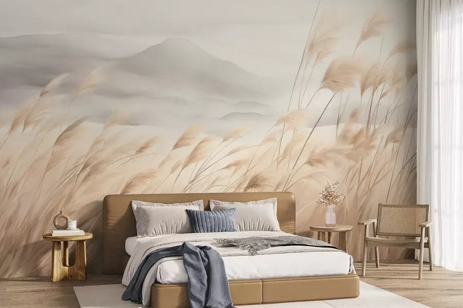 zidne murale Teksturirani planinski krajolik s visokom, suhom travom pod maglovitim nebom w09649
