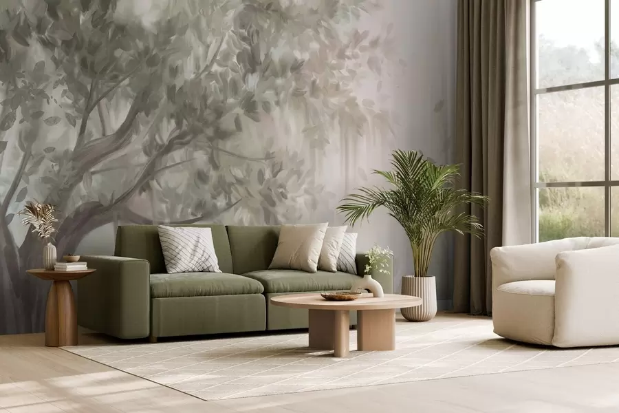 zidne murale Teksturirano drvo sa svijetlozelenim lišćem i granama, s mekom, maglovitom pozadinom w09650