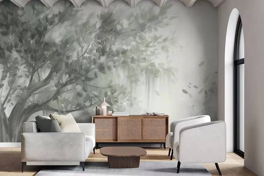 zidne murale Teksturirano drvo sa zelenim lišćem i granama, s mekom, maglovitom pozadinom w09650v1