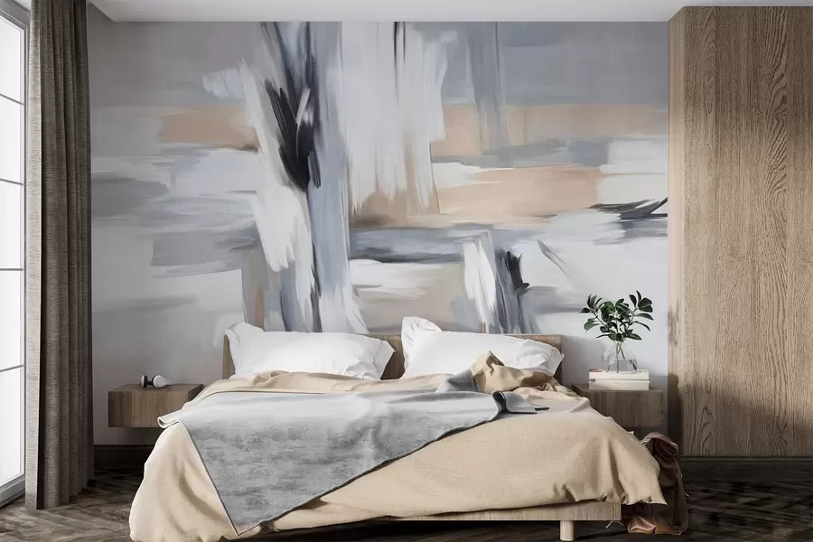 zidne murale Apstraktni teksturirani stil slikanja s potezima kistom u nijansama bijele, sive i bež w09651