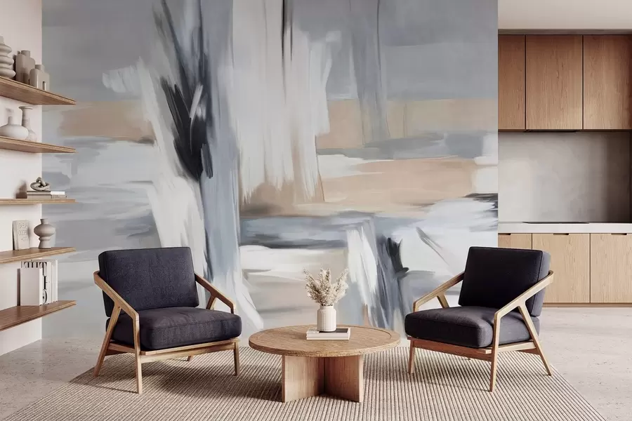 zidne murale Apstraktni teksturirani stil slikanja s potezima kistom u nijansama bijele, sive i bež w09651